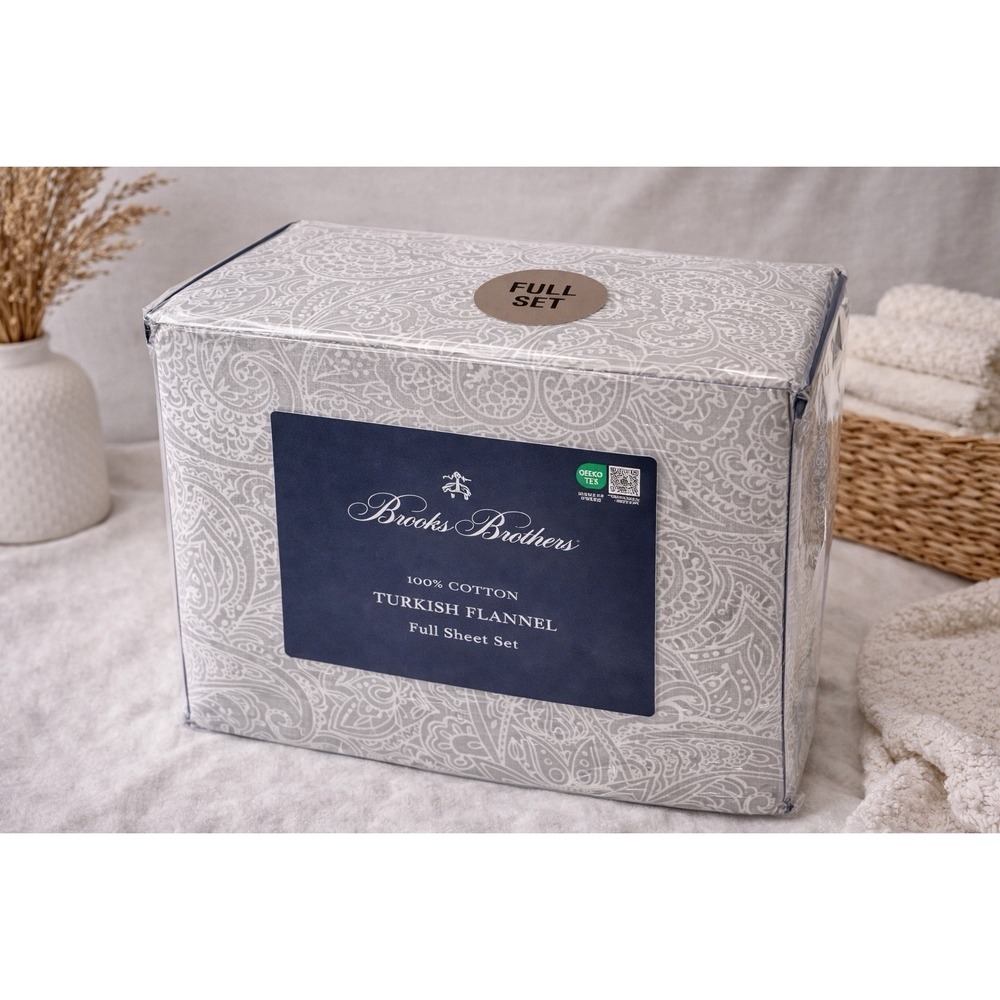 New Brooks Brothers Luxury Turkish Cotton Flannel Sheet Set Gray White Size Full